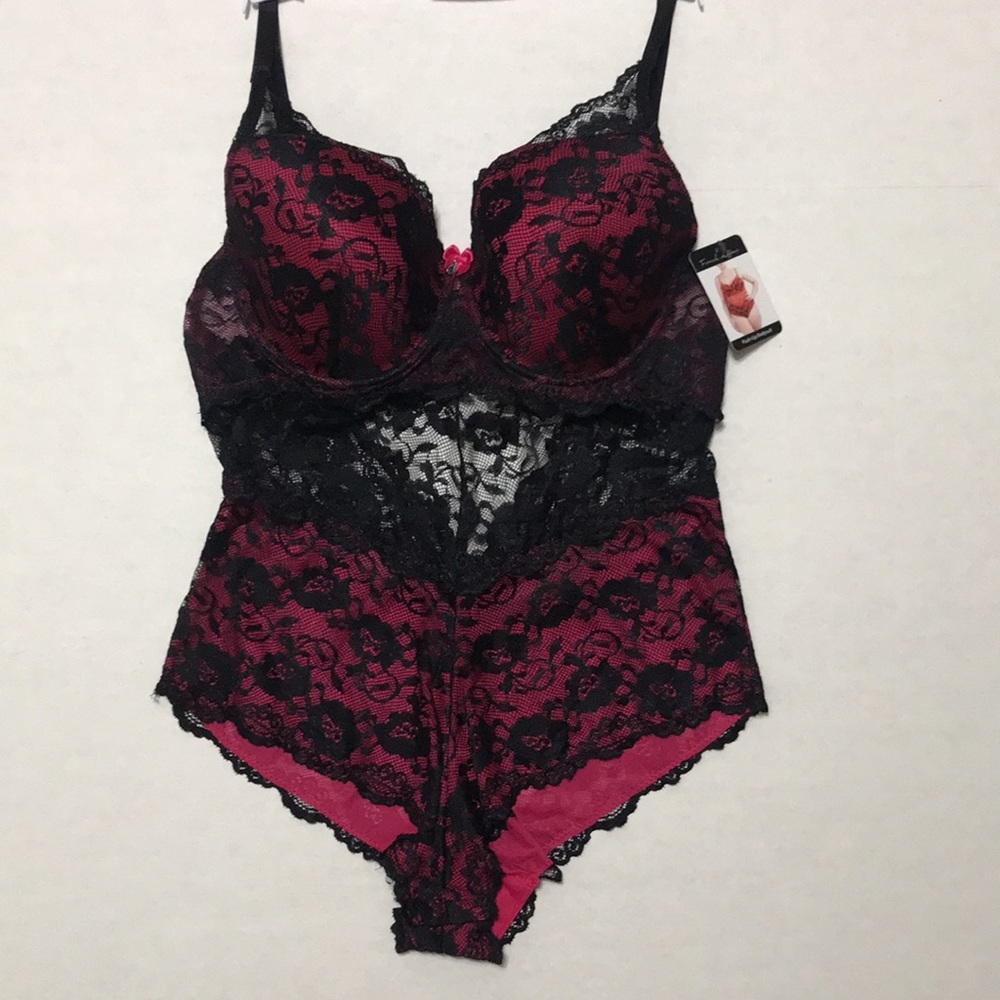 🆕 French Affair 3X MAGENTA PINK & black Push-Up lace bodysuit lingerie NWT!